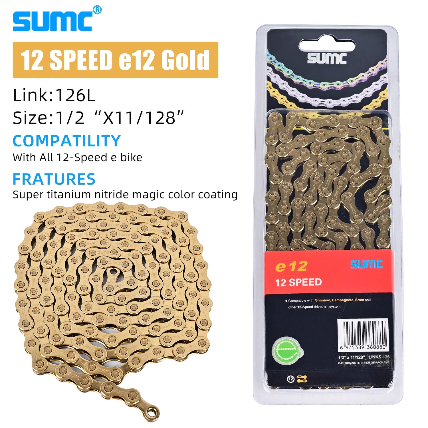 SUMC Bicycle Chain 8/9/10/11/12 Speed 126/136 Links Anti-Rust Coating MTB Road Bike Chain E8 E9 E10 E11 E12