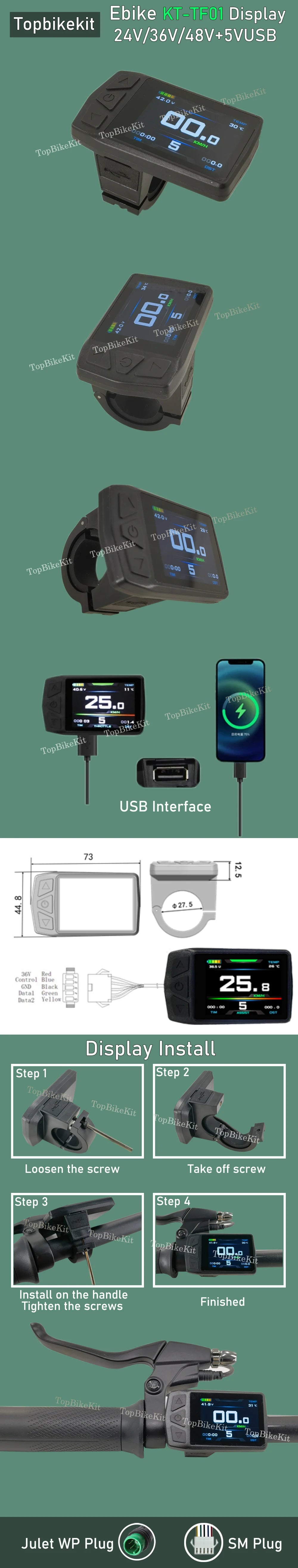 Ebike KT Display LCD8H Meter Display LED890 LED900S LCD3/4/5/8/9/10H/11 LCD Display+Julet 5pins WP Plug /SM Plug