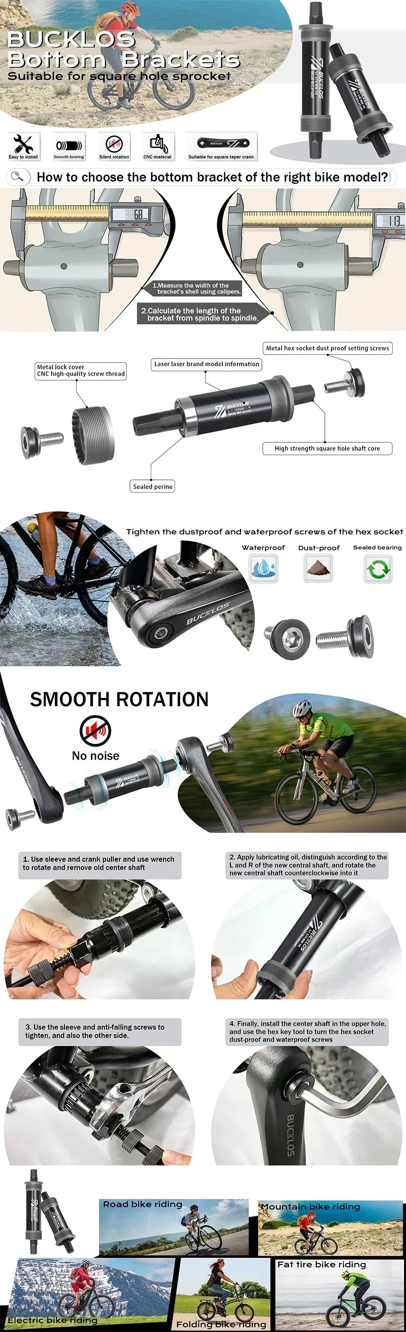 BUCKLOS Bike Bottom Bracket Square Hole Road Mountain Bike E-Bike Crank BB BB68 BB80 BB90 BB100 BB110 BB120 MTB Crankset Parts