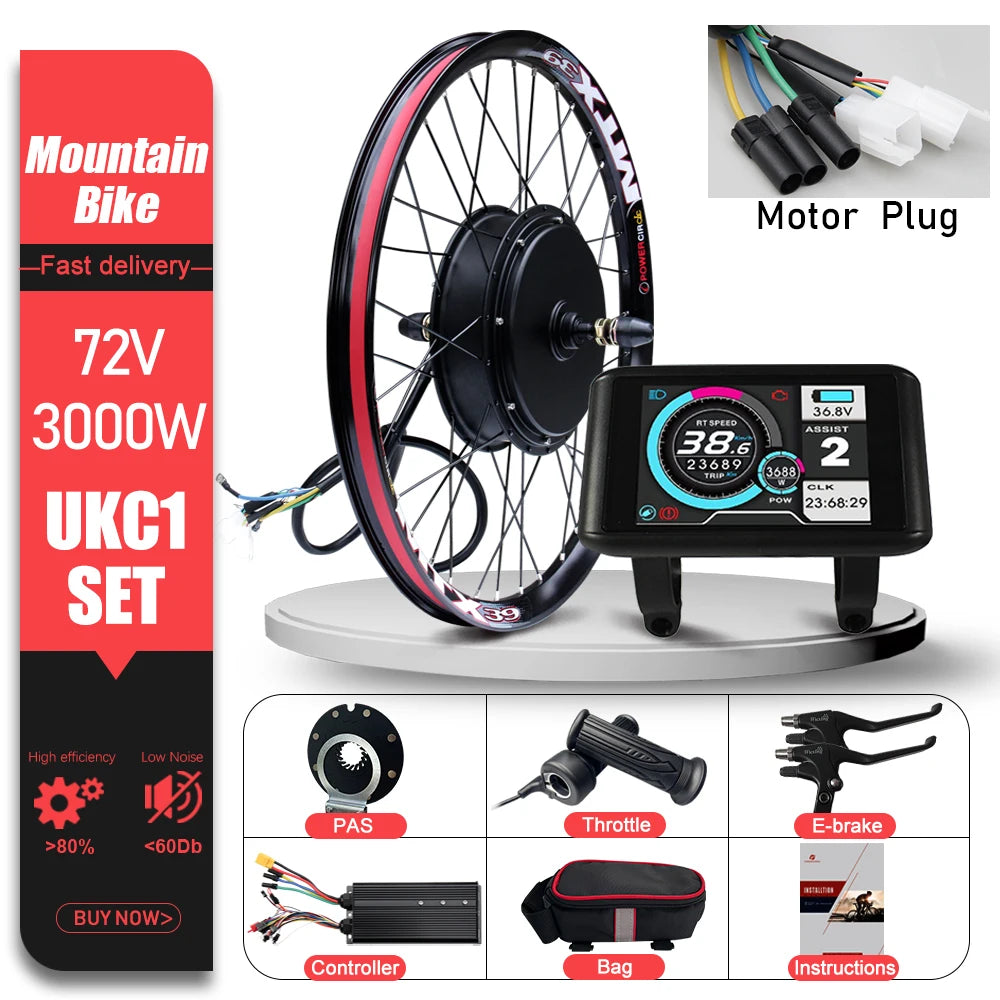 72V 3000W MTX39 E-Bike Conversion Kit Brushelss Gearless Rear Wheel Hub Motor For Electric Bicycle Conversion Kit 26-29inch 700C