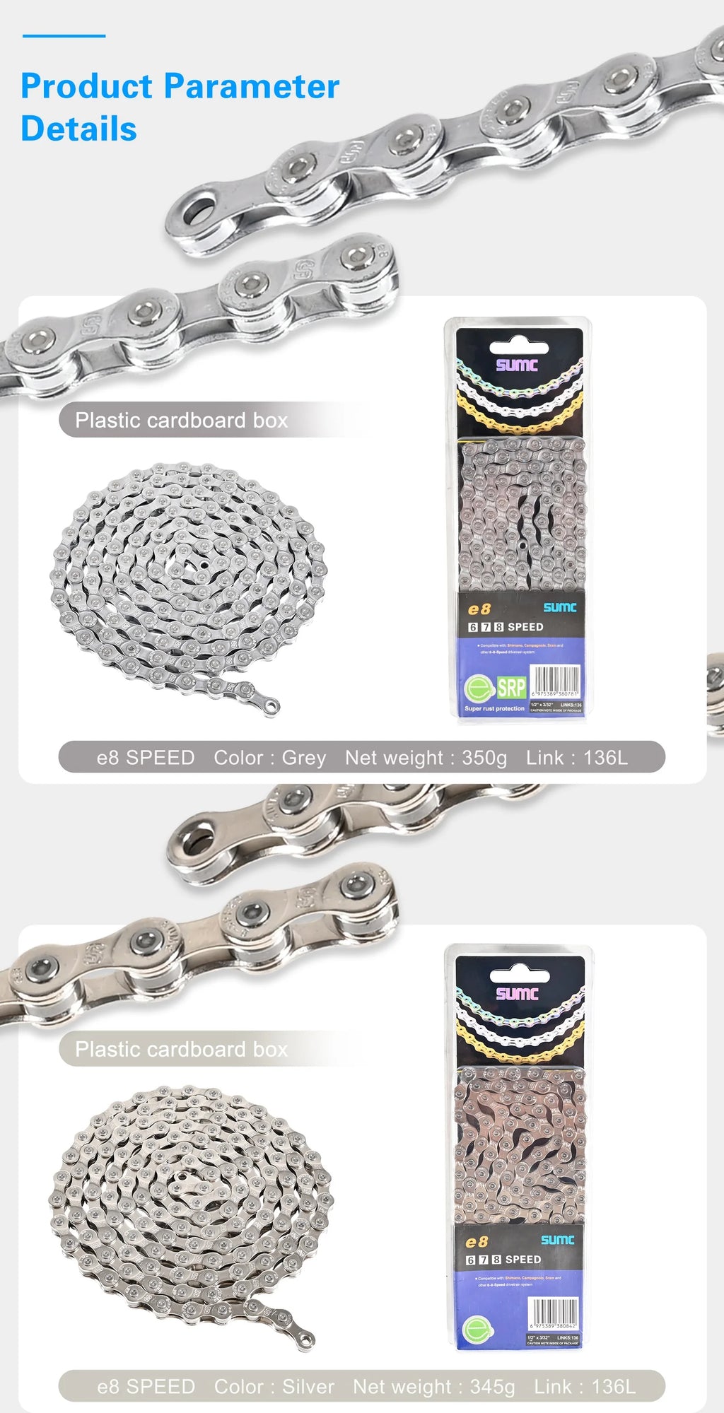 SUMC Bicycle Chain 8/9/10/11/12 Speed 126/136 Links Anti-Rust Coating MTB Road Bike Chain E8 E9 E10 E11 E12