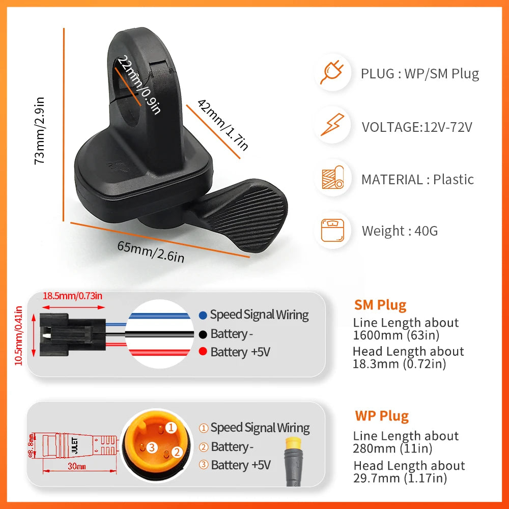 Electric Bike Thumb Throttle 3Pin Male Waterproof Plug Right Hand Throttle for 12V 24V 36V 48V 72V Electric Bicycle Accelerator