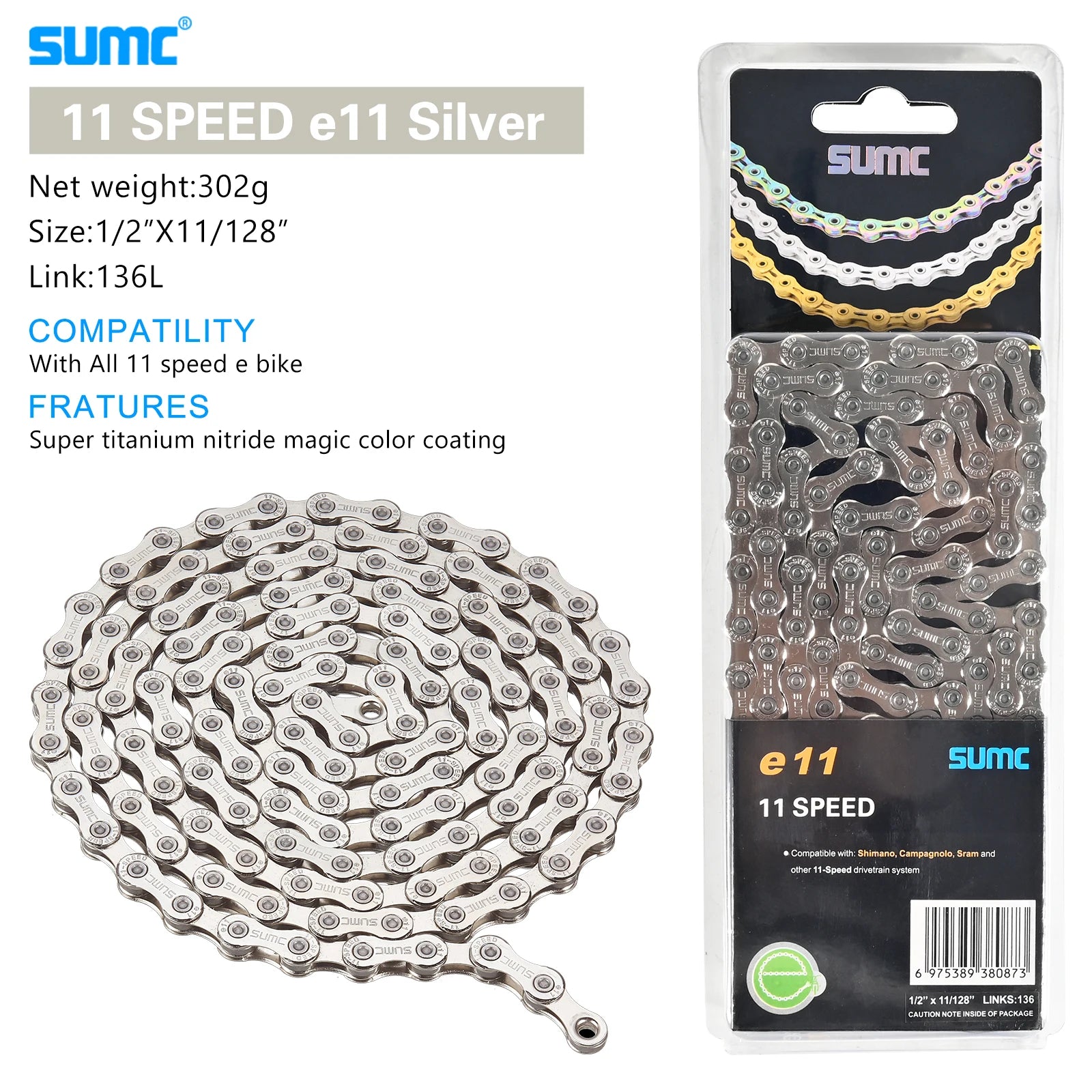 SUMC Bicycle Chain 8/9/10/11/12 Speed 126/136 Links Anti-Rust Coating MTB Road Bike Chain E8 E9 E10 E11 E12