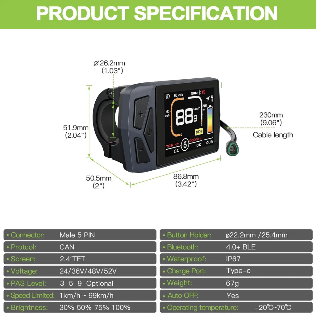EKD01 Electric Bike Display CAN / UART Bluetooth Navigation Multilingual eBike Computer 9 PAS For BAFANG Motor Protocol 5PIN IP6