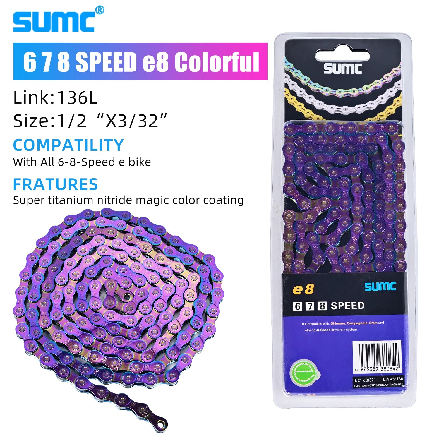 SUMC Bicycle Chain 8/9/10/11/12 Speed 126/136 Links Anti-Rust Coating MTB Road Bike Chain E8 E9 E10 E11 E12