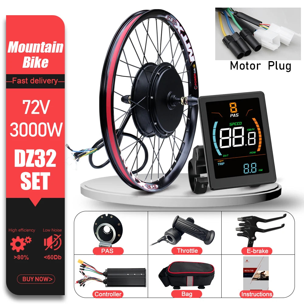 72V 3000W MTX39 E-Bike Conversion Kit Brushelss Gearless Rear Wheel Hub Motor For Electric Bicycle Conversion Kit 26-29inch 700C