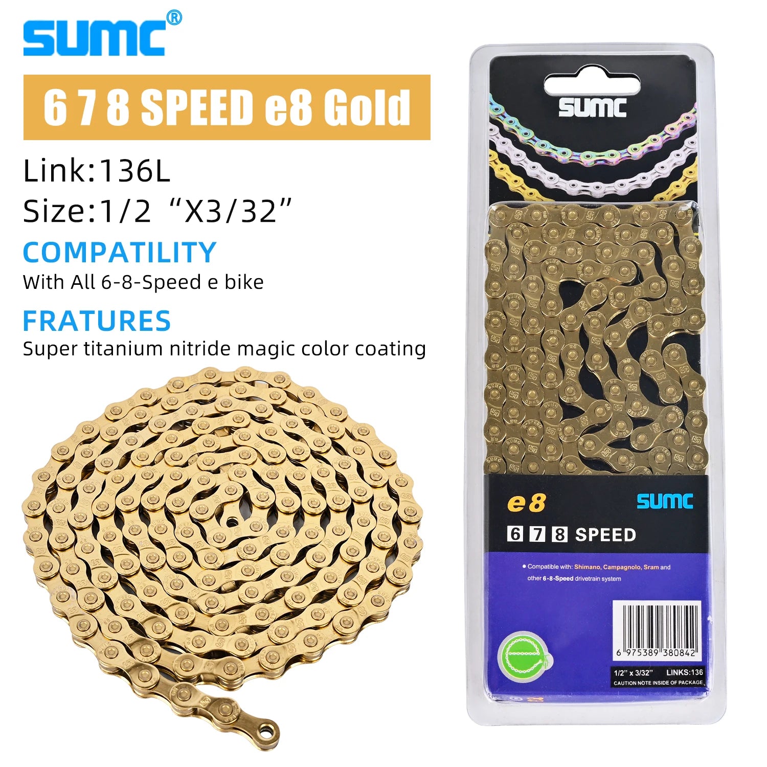 SUMC Bicycle Chain 8/9/10/11/12 Speed 126/136 Links Anti-Rust Coating MTB Road Bike Chain E8 E9 E10 E11 E12
