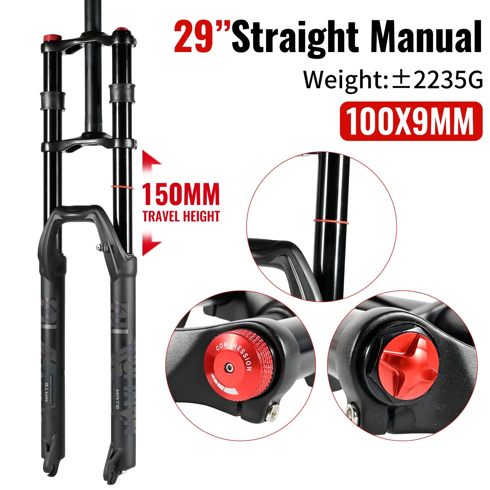NanLio Double Shoulder Snow Front Fork 27.5inch / 29*2.5 inch MTB Fork 150mm Travel Air Supension Bike Fork E-bike Fork 15/9MM