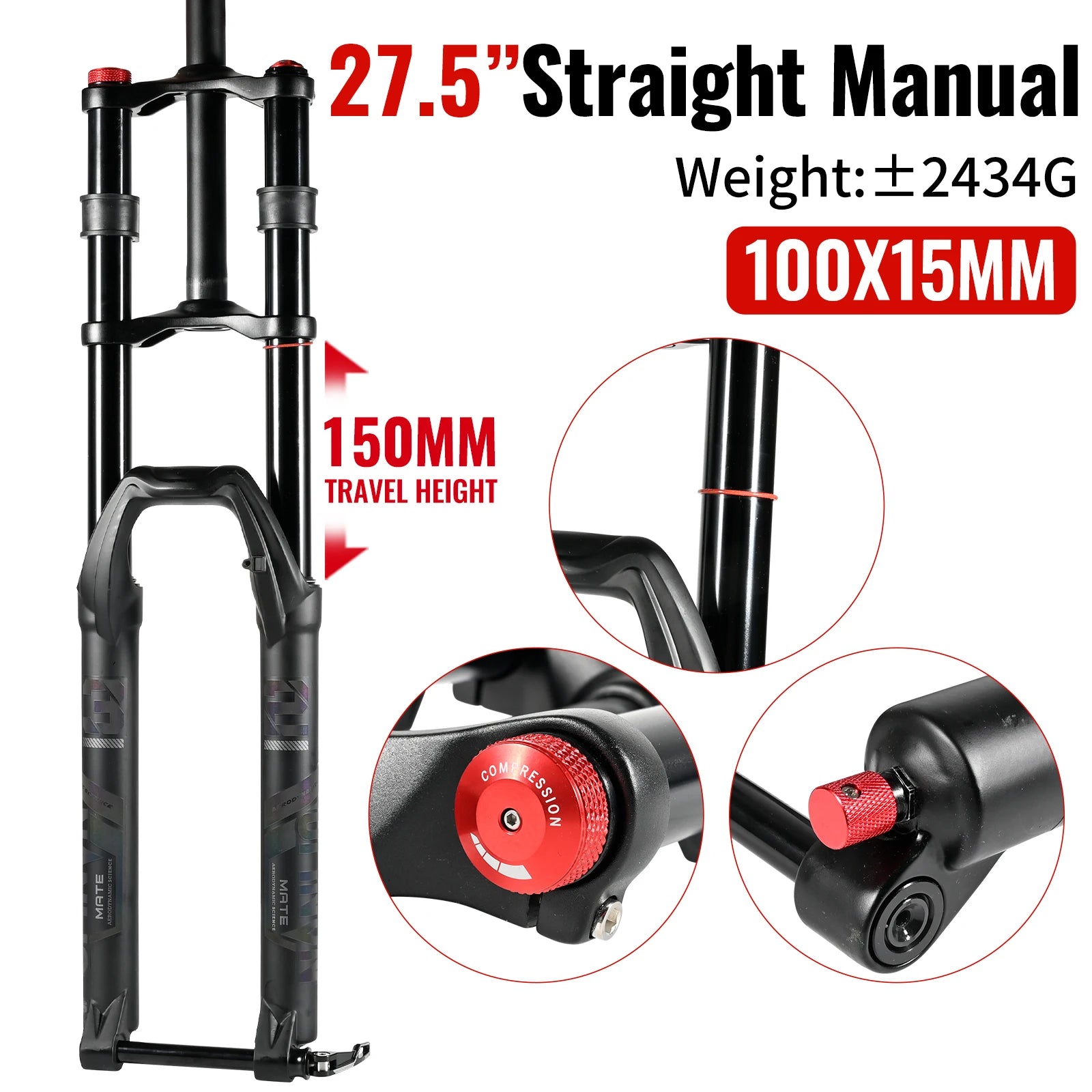 NanLio Double Shoulder Snow Front Fork 27.5inch / 29*2.5 inch MTB Fork 150mm Travel Air Supension Bike Fork E-bike Fork 15/9MM