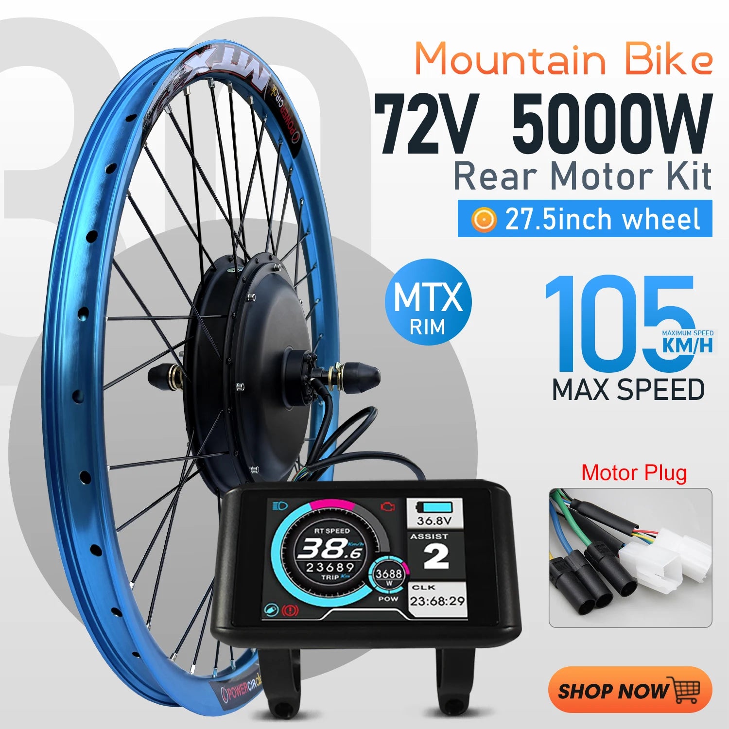 MTX Ebike Conversion Kit 72V 5000W Brushless Rear Rotate Hub Motor Wheel Dropout 150mm for Electric Bike Conversion Kit 27.5inch