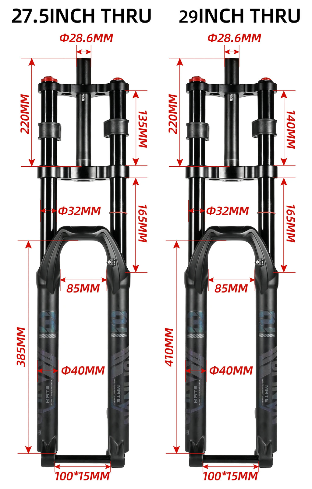 NanLio Double Shoulder Snow Front Fork 27.5inch / 29*2.5 inch MTB Fork 150mm Travel Air Supension Bike Fork E-bike Fork 15/9MM