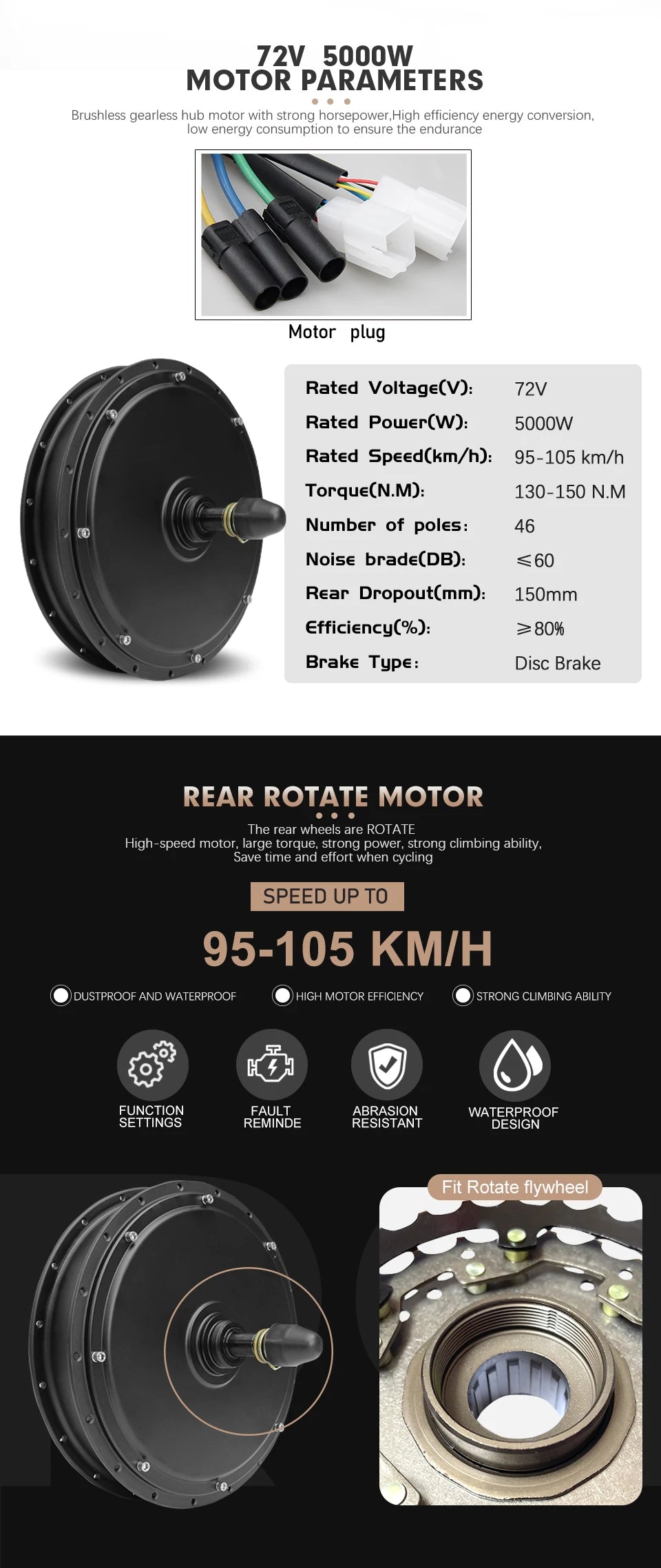 MTX Ebike Conversion Kit 72V 5000W Brushless Rear Rotate Hub Motor Wheel Dropout 150mm for Electric Bike Conversion Kit 27.5inch