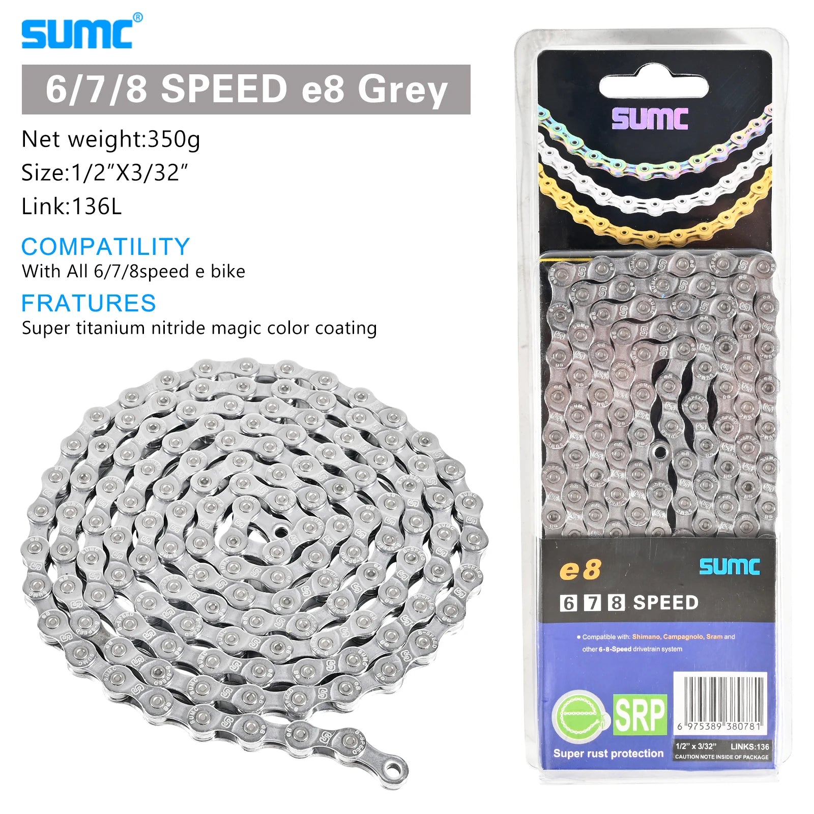 SUMC Bicycle Chain 8/9/10/11/12 Speed 126/136 Links Anti-Rust Coating MTB Road Bike Chain E8 E9 E10 E11 E12