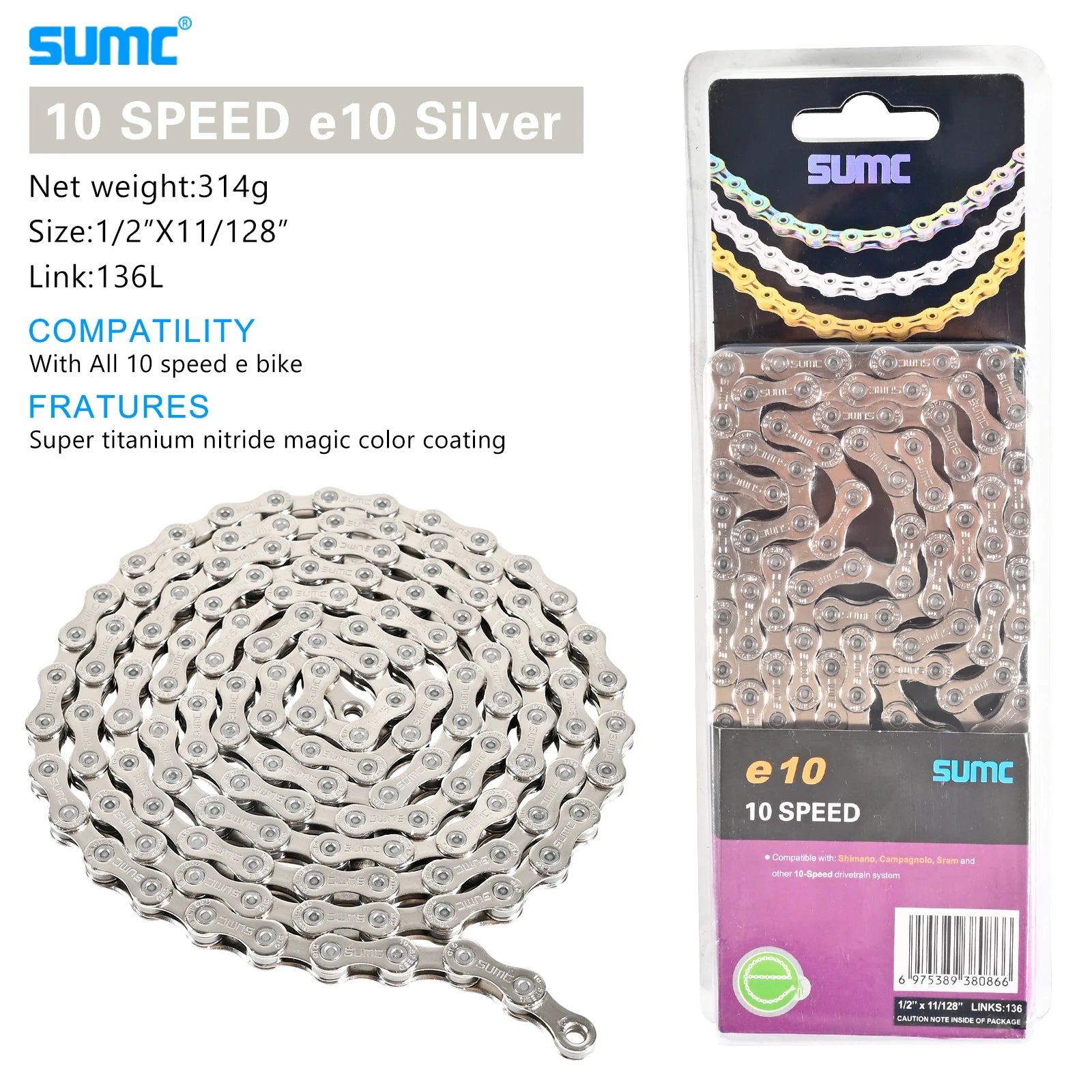 SUMC Bicycle Chain 8/9/10/11/12 Speed 126/136 Links Anti-Rust Coating MTB Road Bike Chain E8 E9 E10 E11 E12