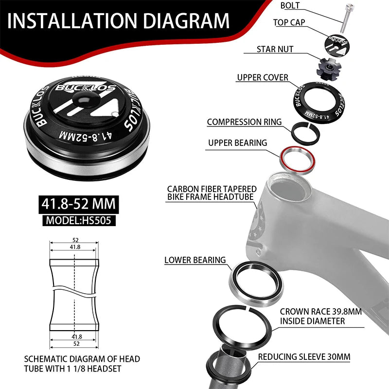 BUCKLOS Bike Headset 1-1/8" Sealed Bearing Aluminum Alloy MTB Bicycle Bowl Set Headset 34/44/50.6/52/55/56mm Fork Cycling Parts