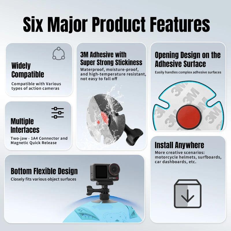 Flexible Adhesive Helmet Mount for DJI Osmo Action 6 5 pro 4 Nano for Insta360 X5/X4 GO Ultra Action Camera Snowboard Surfboard