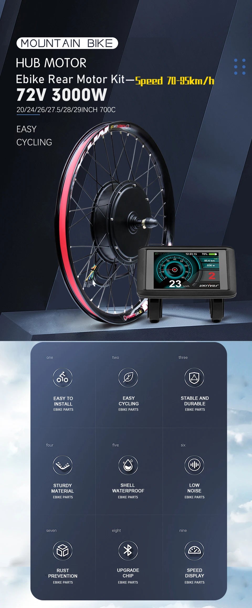 72V 3000W MTX39 E-Bike Conversion Kit Brushelss Gearless Rear Wheel Hub Motor For Electric Bicycle Conversion Kit 26-29inch 700C