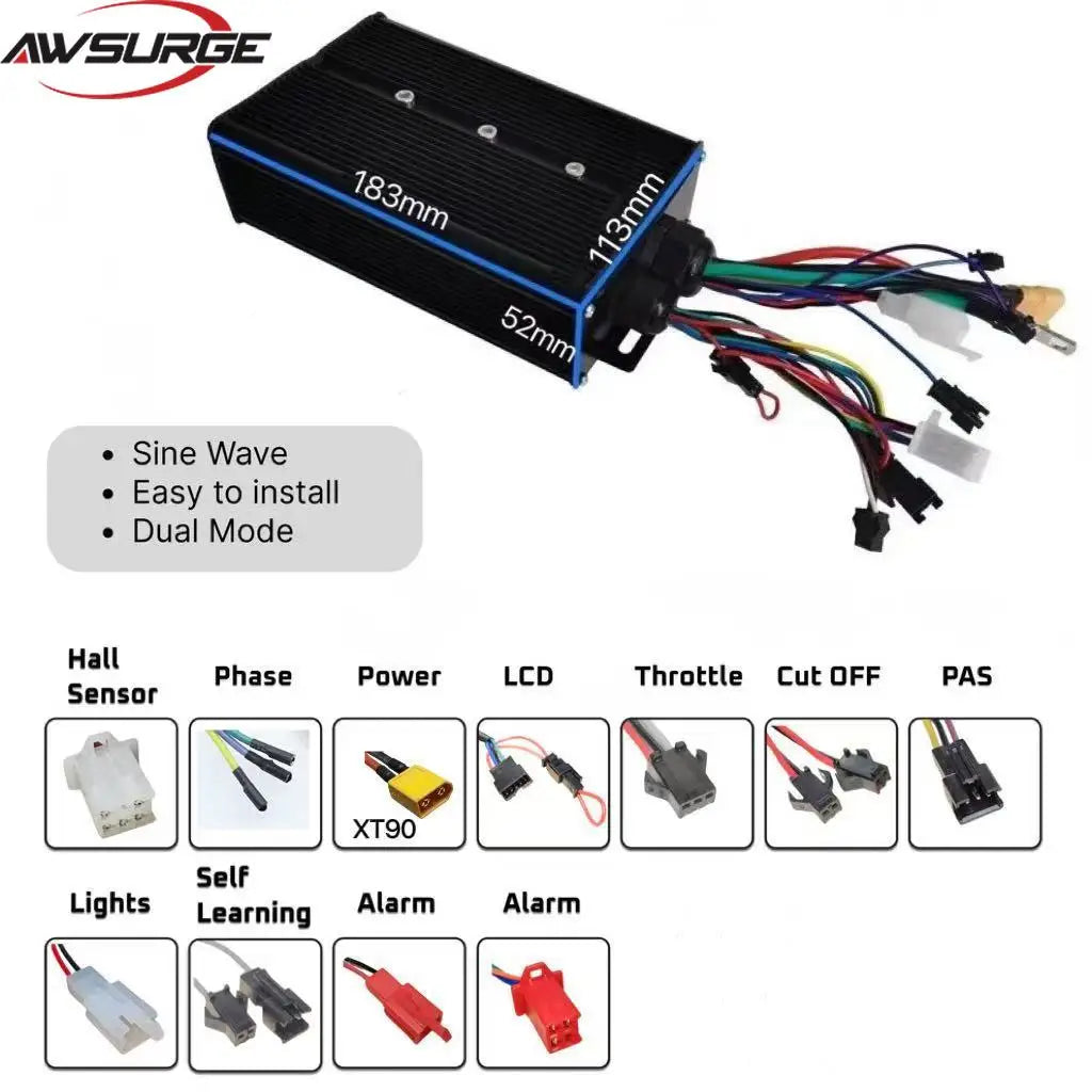 3000W 5000W Electric Bicycle Scooter Controller System 48V-72V 60A 80A Dual-mode 18-tube Sine Wave Controller S830 SW900 Display