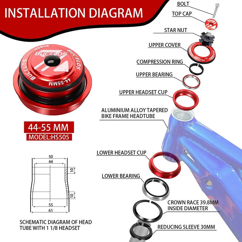 BUCKLOS Bike Headset 1-1/8" Sealed Bearing Aluminum Alloy MTB Bicycle Bowl Set Headset 34/44/50.6/52/55/56mm Fork Cycling Parts