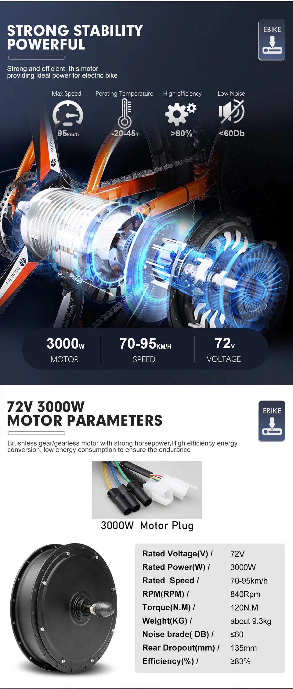 72V 3000W MTX39 E-Bike Conversion Kit Brushelss Gearless Rear Wheel Hub Motor For Electric Bicycle Conversion Kit 26-29inch 700C