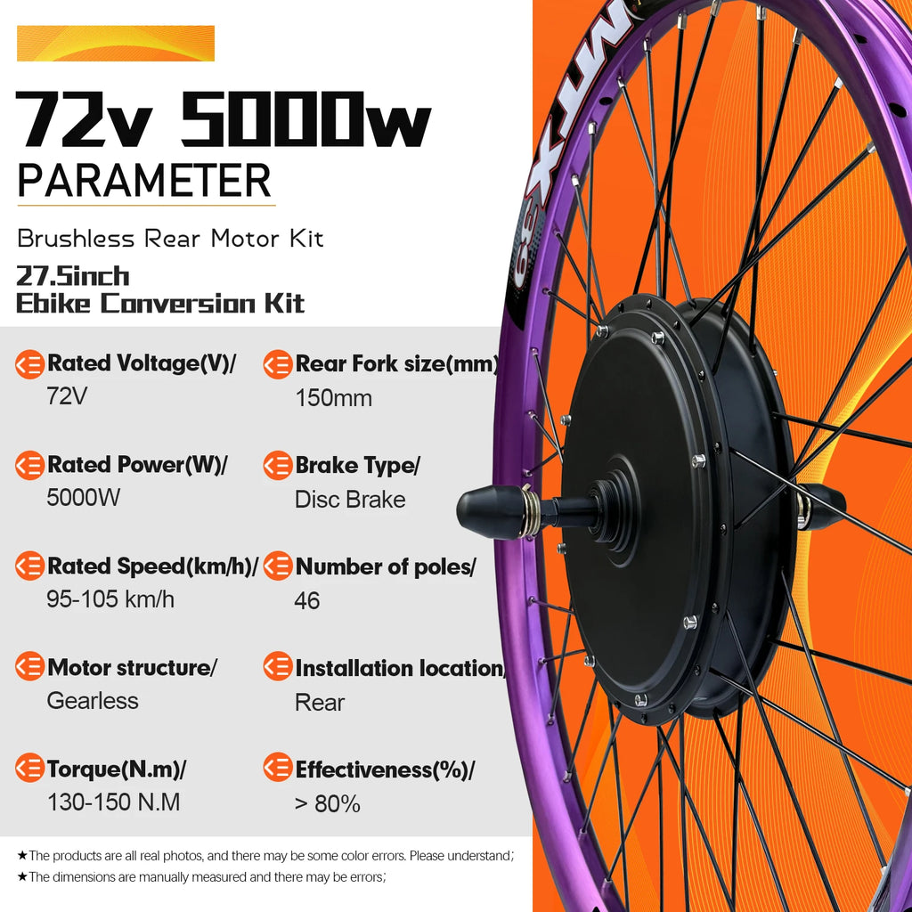 MTX Ebike Conversion Kit 72V 5000W Brushless Rear Rotate Hub Motor Wheel Dropout 150mm for Electric Bike Conversion Kit 27.5inch