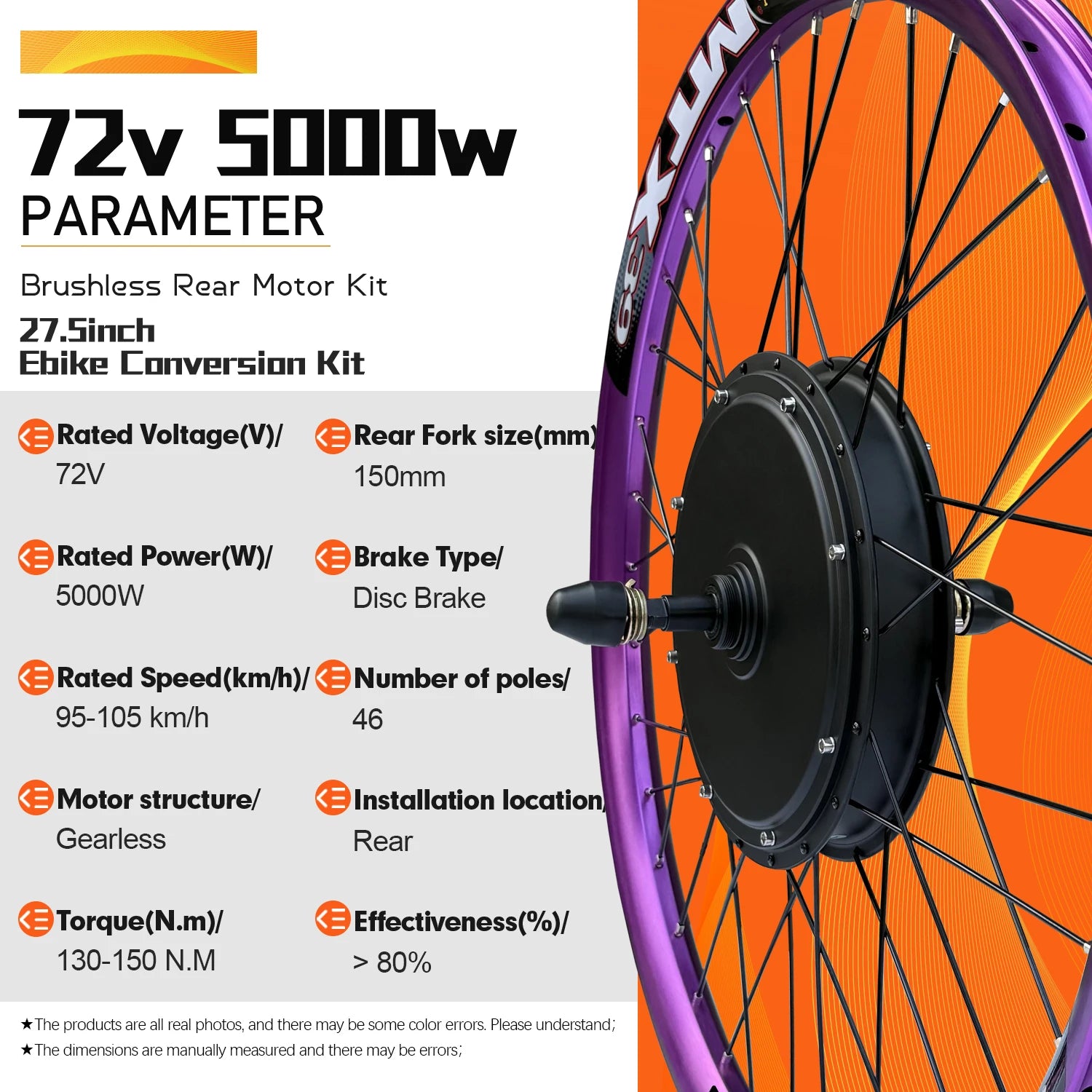 MTX Ebike Conversion Kit 72V 5000W Brushless Rear Rotate Hub Motor Wheel Dropout 150mm for Electric Bike Conversion Kit 27.5inch