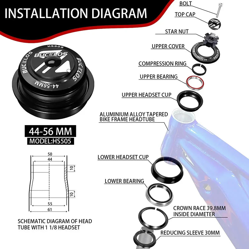 BUCKLOS Bike Headset 1-1/8" Sealed Bearing Aluminum Alloy MTB Bicycle Bowl Set Headset 34/44/50.6/52/55/56mm Fork Cycling Parts