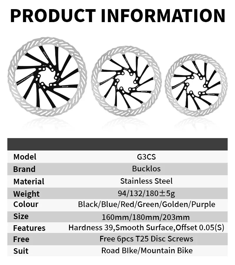 BUCKLOS Ultralight MTB Bike Hydraulic Disc Brake Rotor 160/180/203mm Mountain Road Racing Bicycle Brake Disc with 6 Free Bolts
