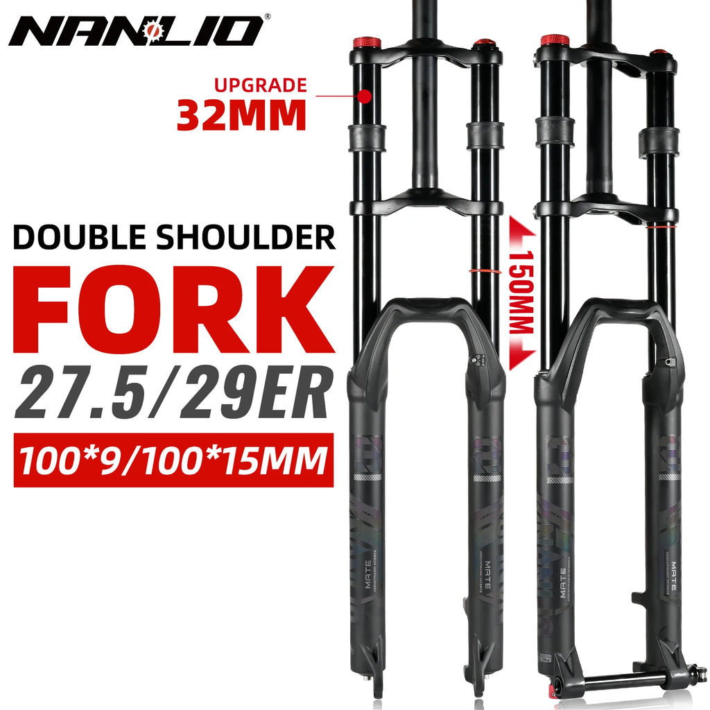 NanLio Double Shoulder Snow Front Fork 27.5inch / 29*2.5 inch MTB Fork 150mm Travel Air Supension Bike Fork E-bike Fork 15/9MM