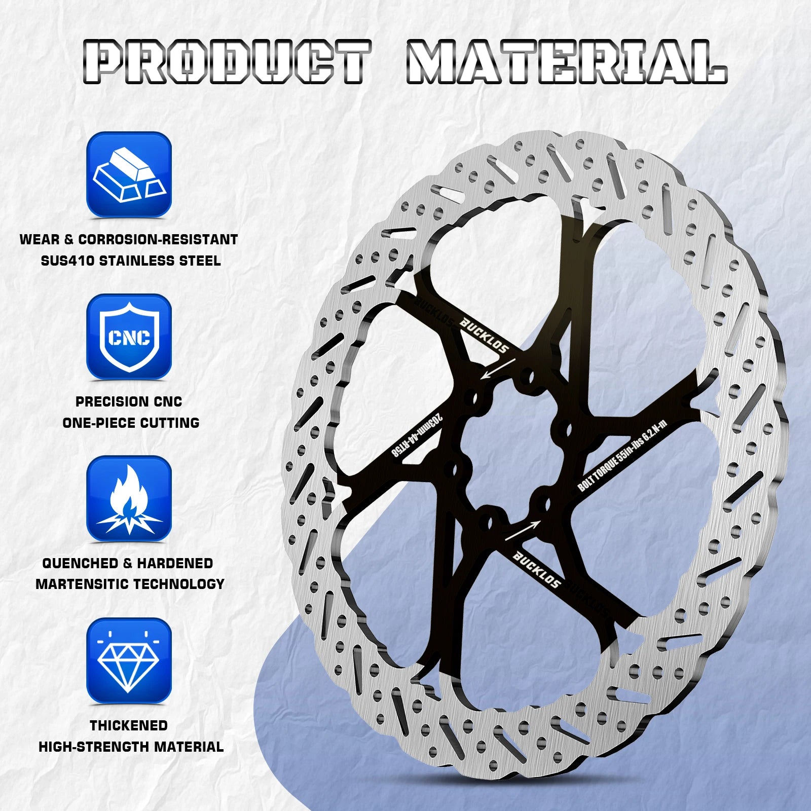 BUCKLOS 140/160/180/203mm Bike Brake Disc Stainless Steel Bicycle Brake Rotors Road MTB Bike Rotor 6-Bolt Cycling Disc