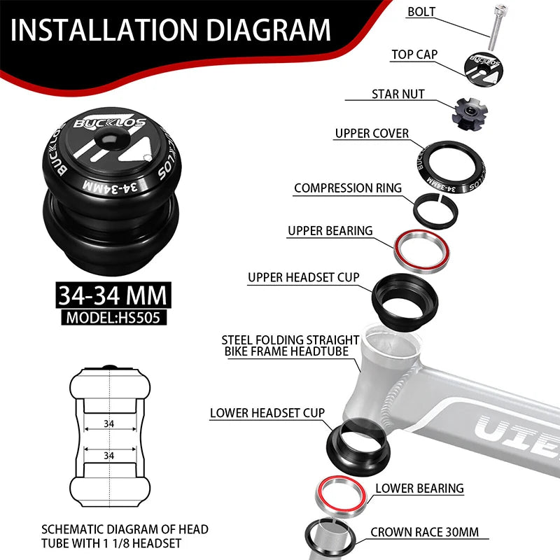 BUCKLOS Bike Headset 1-1/8" Sealed Bearing Aluminum Alloy MTB Bicycle Bowl Set Headset 34/44/50.6/52/55/56mm Fork Cycling Parts