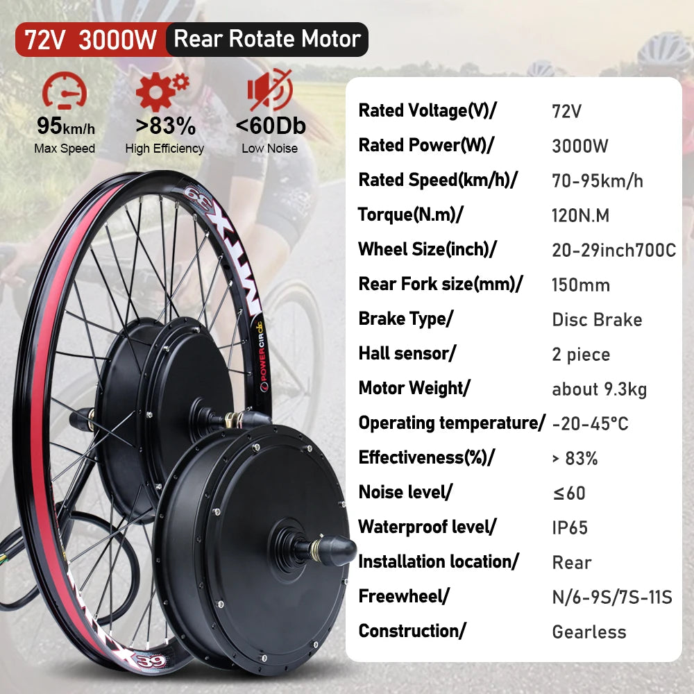 72V 3000W MTX39 E-Bike Conversion Kit Brushelss Gearless Rear Wheel Hub Motor For Electric Bicycle Conversion Kit 26-29inch 700C