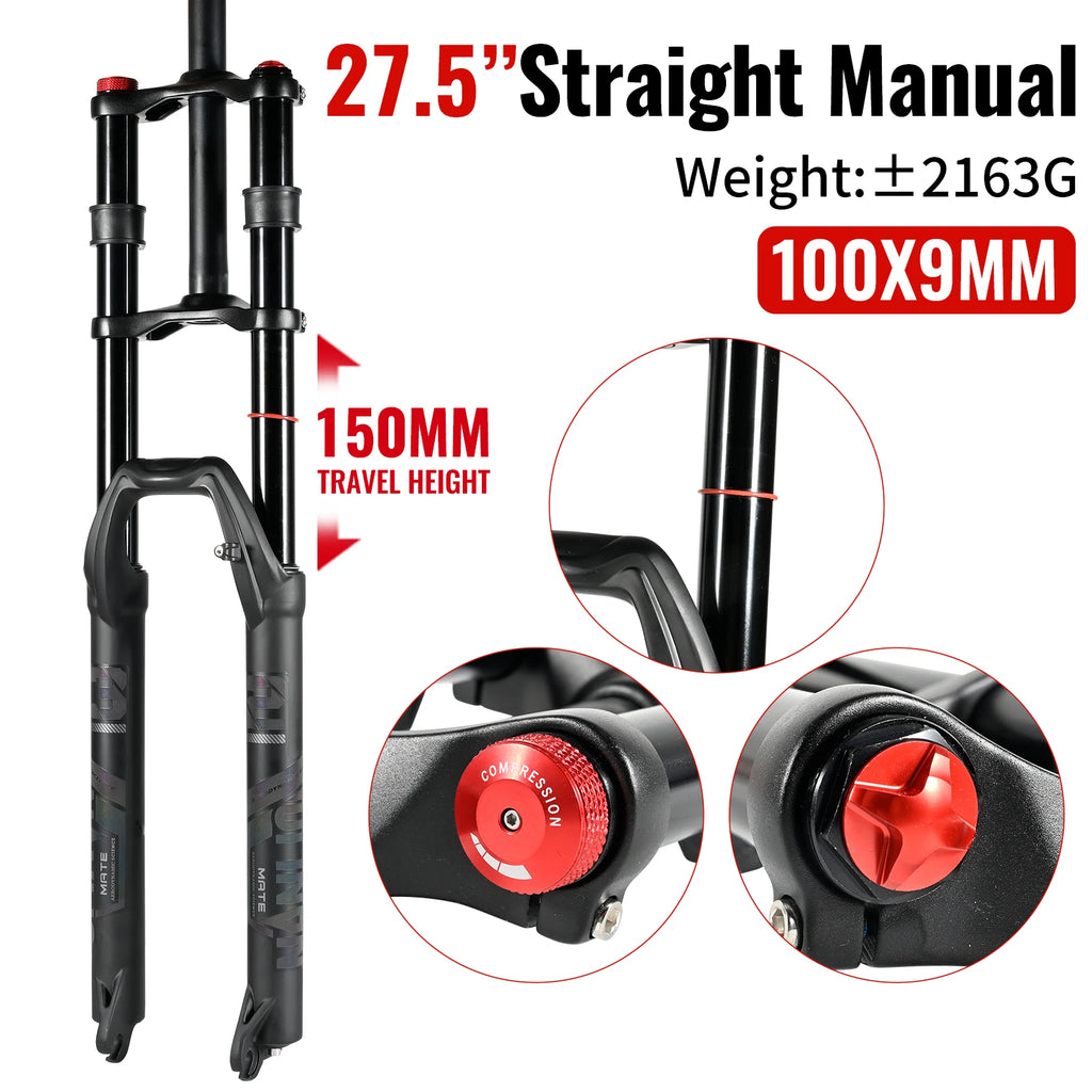 NanLio Double Shoulder Snow Front Fork 27.5inch / 29*2.5 inch MTB Fork 150mm Travel Air Supension Bike Fork E-bike Fork 15/9MM