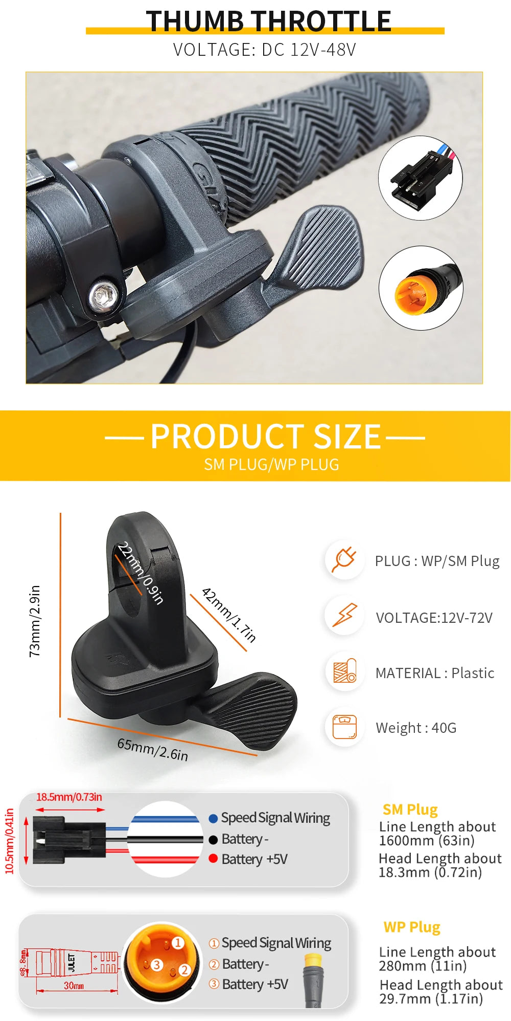 Electric Bike Thumb Throttle 3Pin Male Waterproof Plug Right Hand Throttle for 12V 24V 36V 48V 72V Electric Bicycle Accelerator