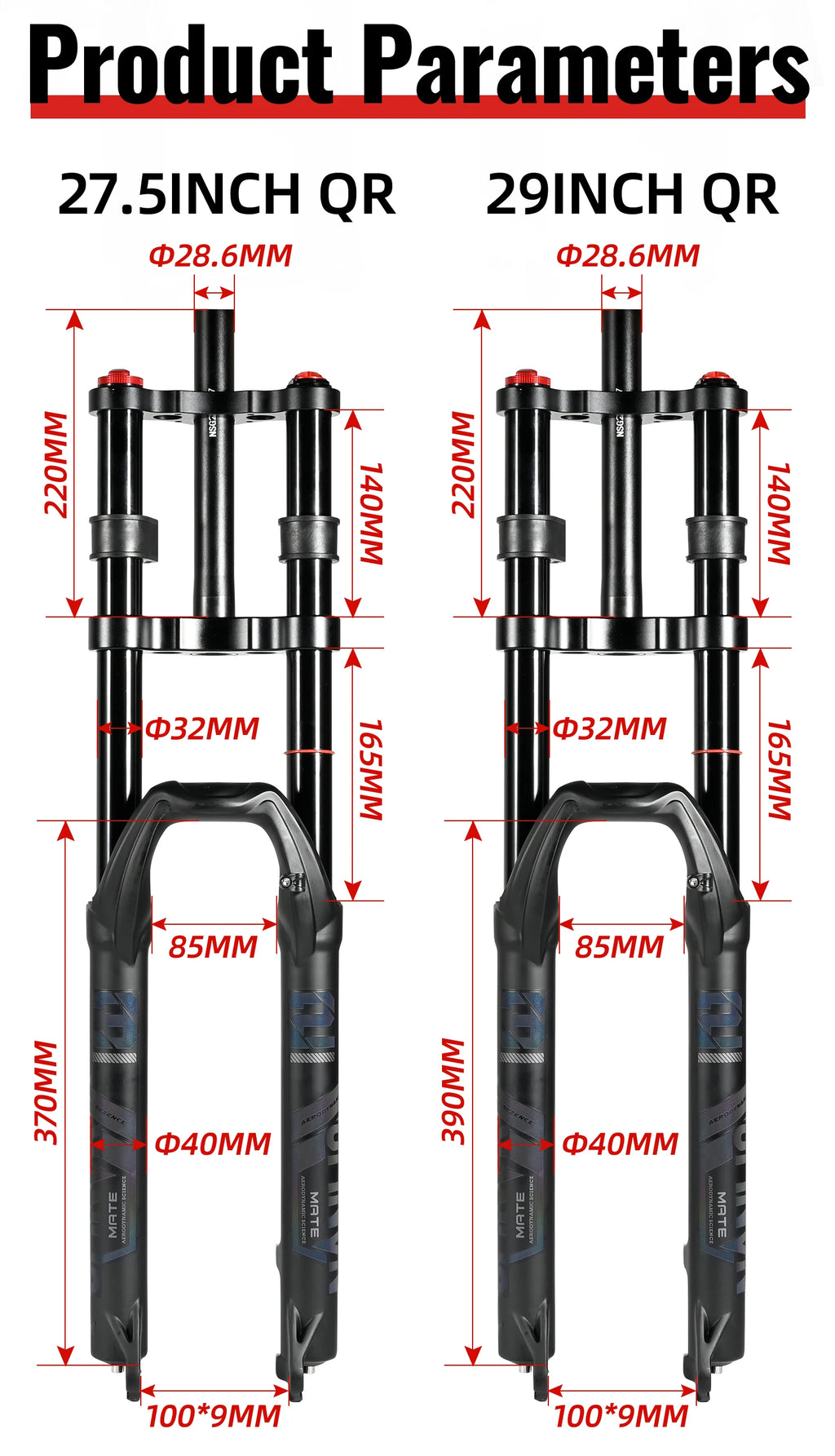 NanLio Double Shoulder Snow Front Fork 27.5inch / 29*2.5 inch MTB Fork 150mm Travel Air Supension Bike Fork E-bike Fork 15/9MM