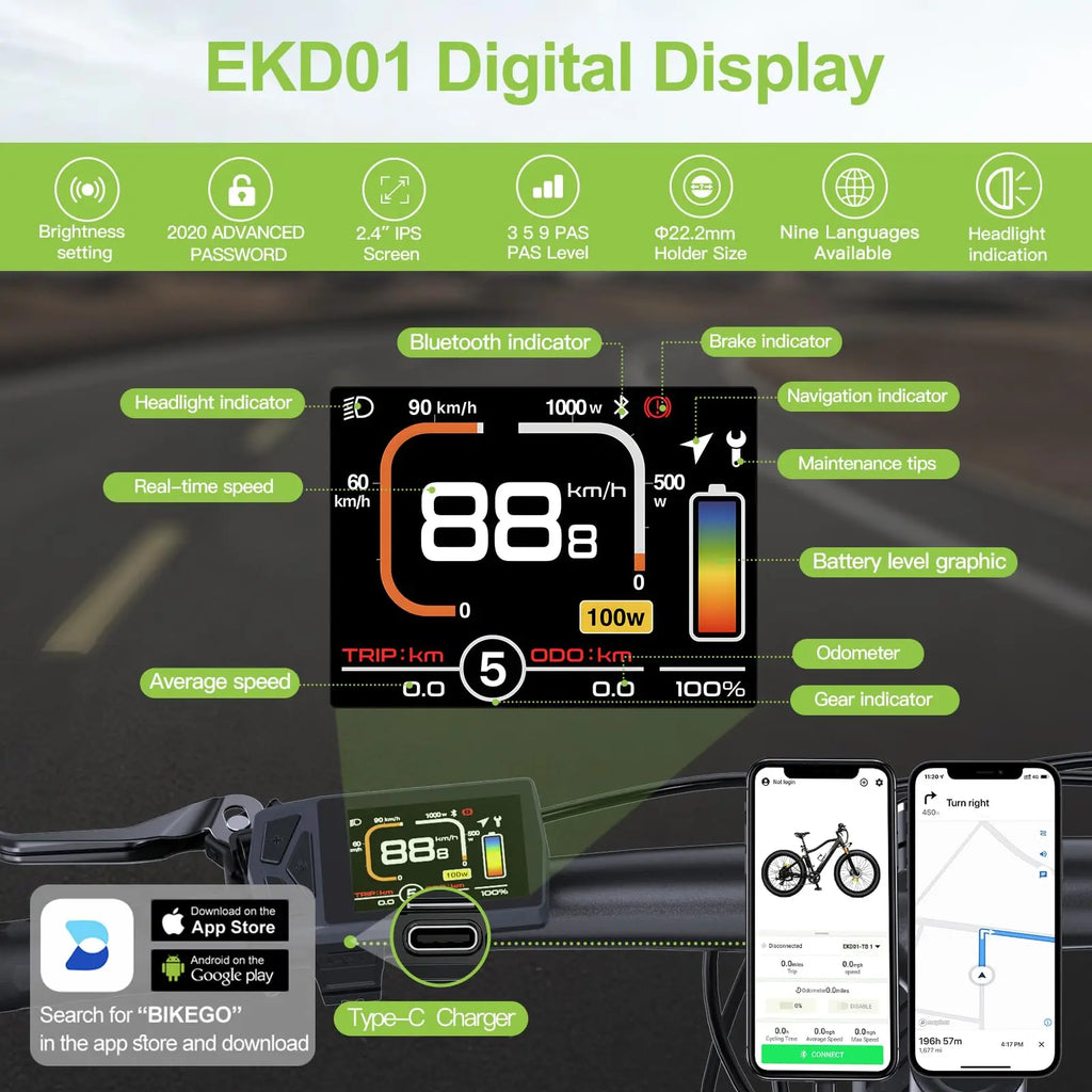 EKD01 Electric Bike Display CAN / UART Bluetooth Navigation Multilingual eBike Computer 9 PAS For BAFANG Motor Protocol 5PIN IP6