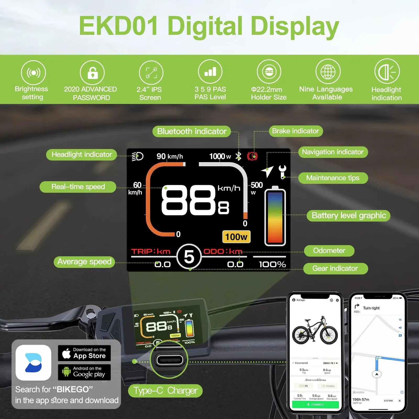 EKD01 Electric Bike Display CAN / UART Bluetooth Navigation Multilingual eBike Computer 9 PAS For BAFANG Motor Protocol 5PIN IP6