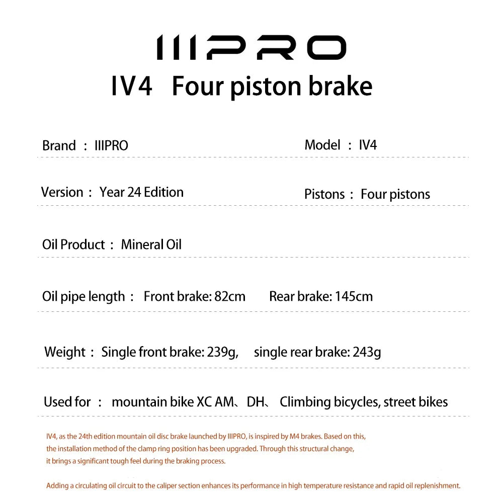 IIIPRO IV4 Hydraulic Disc Brake Set - 4-Piston Front & Rear w/ 800mm/1550mm Hoses - Heat Dissipation Tech for MTB E-Bike Enduro