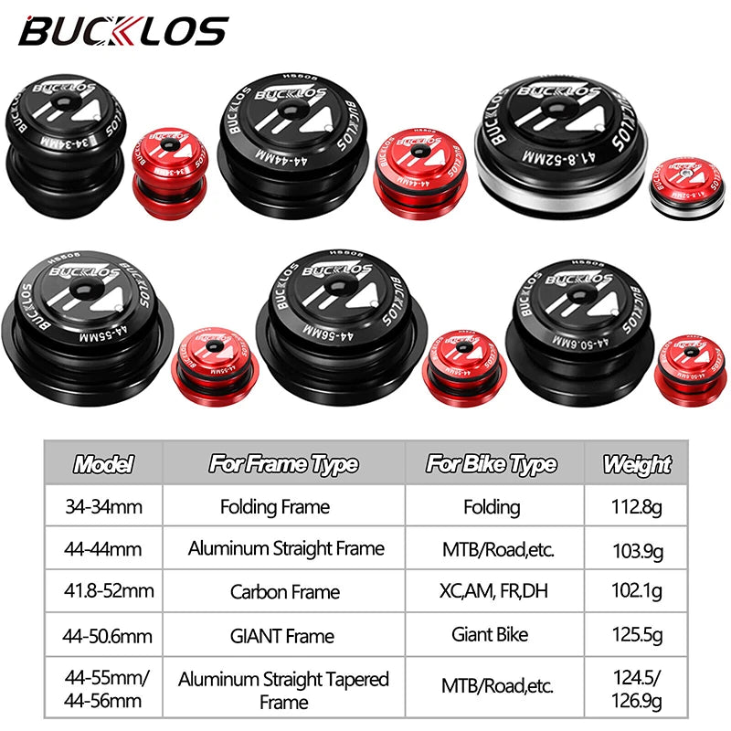 BUCKLOS Bike Headset 1-1/8" Sealed Bearing Aluminum Alloy MTB Bicycle Bowl Set Headset 34/44/50.6/52/55/56mm Fork Cycling Parts