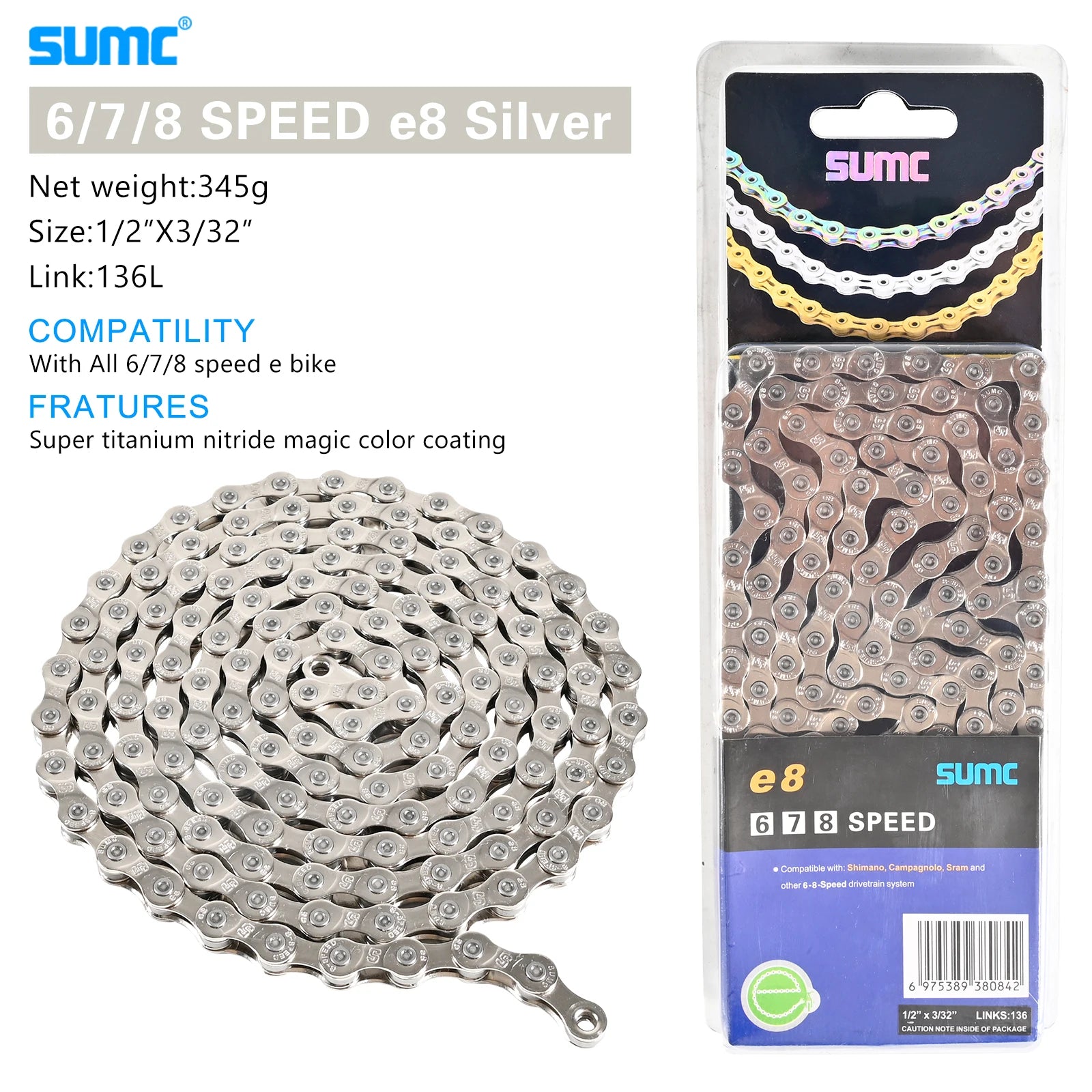 SUMC Bicycle Chain 8/9/10/11/12 Speed 126/136 Links Anti-Rust Coating MTB Road Bike Chain E8 E9 E10 E11 E12