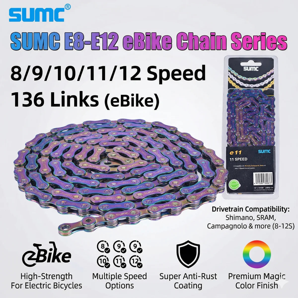 SUMC Bicycle Chain 8/9/10/11/12 Speed 126/136 Links Anti-Rust Coating MTB Road Bike Chain E8 E9 E10 E11 E12