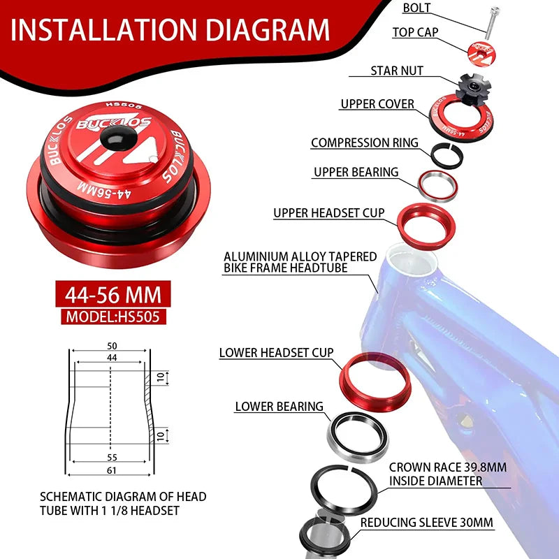 BUCKLOS Bike Headset 1-1/8" Sealed Bearing Aluminum Alloy MTB Bicycle Bowl Set Headset 34/44/50.6/52/55/56mm Fork Cycling Parts