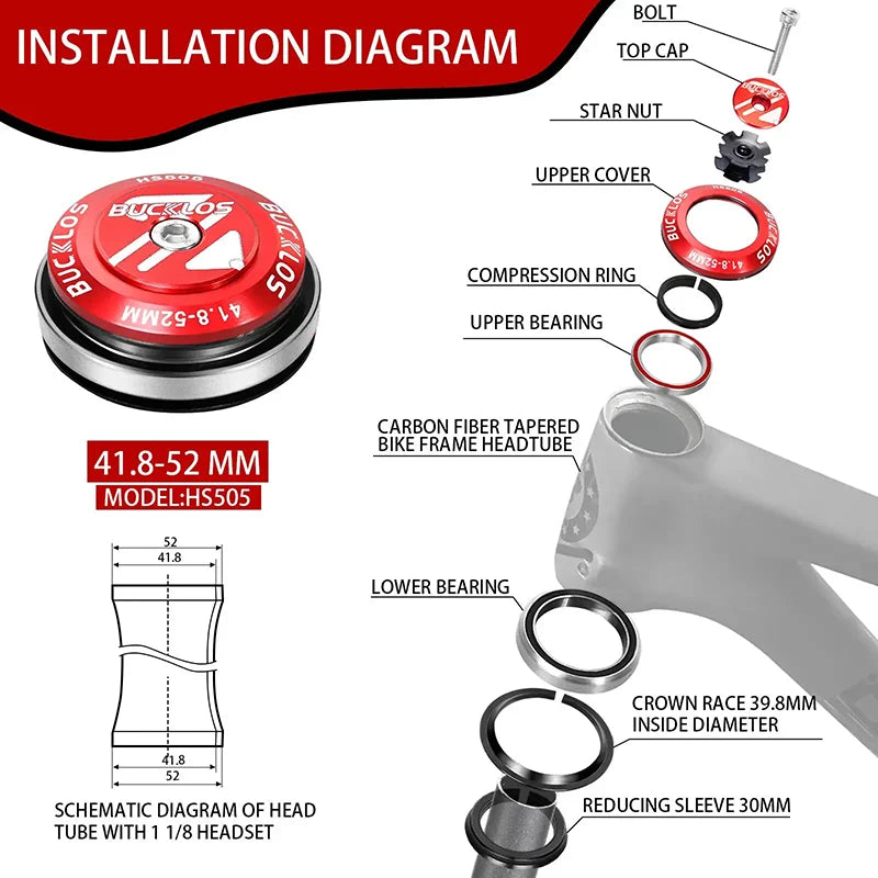 BUCKLOS Bike Headset 1-1/8" Sealed Bearing Aluminum Alloy MTB Bicycle Bowl Set Headset 34/44/50.6/52/55/56mm Fork Cycling Parts