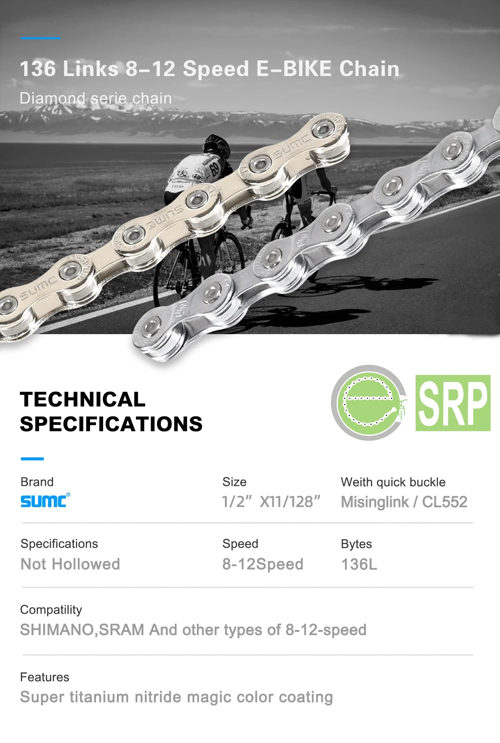 SUMC Bicycle Chain 8/9/10/11/12 Speed 126/136 Links Anti-Rust Coating MTB Road Bike Chain E8 E9 E10 E11 E12
