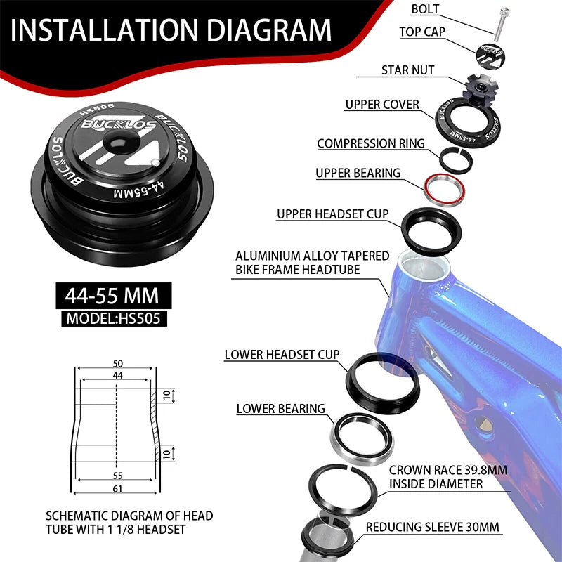 BUCKLOS Bike Headset 1-1/8" Sealed Bearing Aluminum Alloy MTB Bicycle Bowl Set Headset 34/44/50.6/52/55/56mm Fork Cycling Parts
