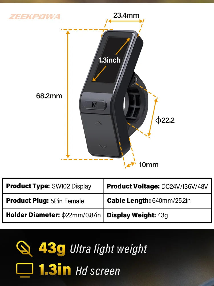 Electric Bike LCD Display SW102 for Bafang Mid Drive Motor BBS01 BBS02B BBSHD Conversion Mid Motor  UART Protocol 5PIN Female