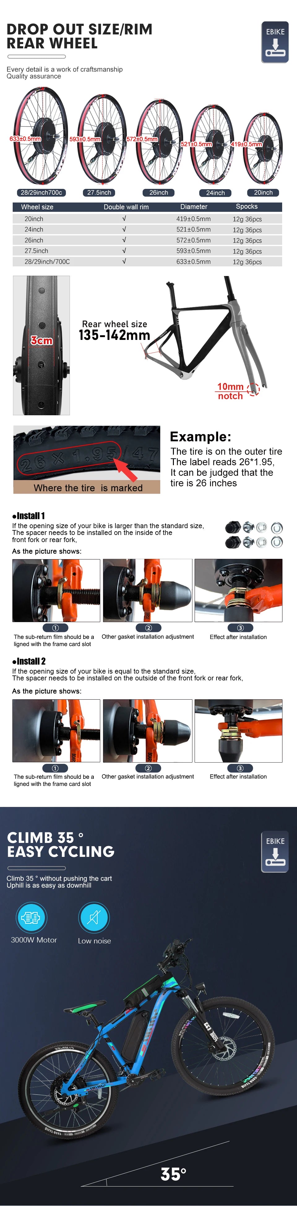 72V 3000W MTX39 E-Bike Conversion Kit Brushelss Gearless Rear Wheel Hub Motor For Electric Bicycle Conversion Kit 26-29inch 700C