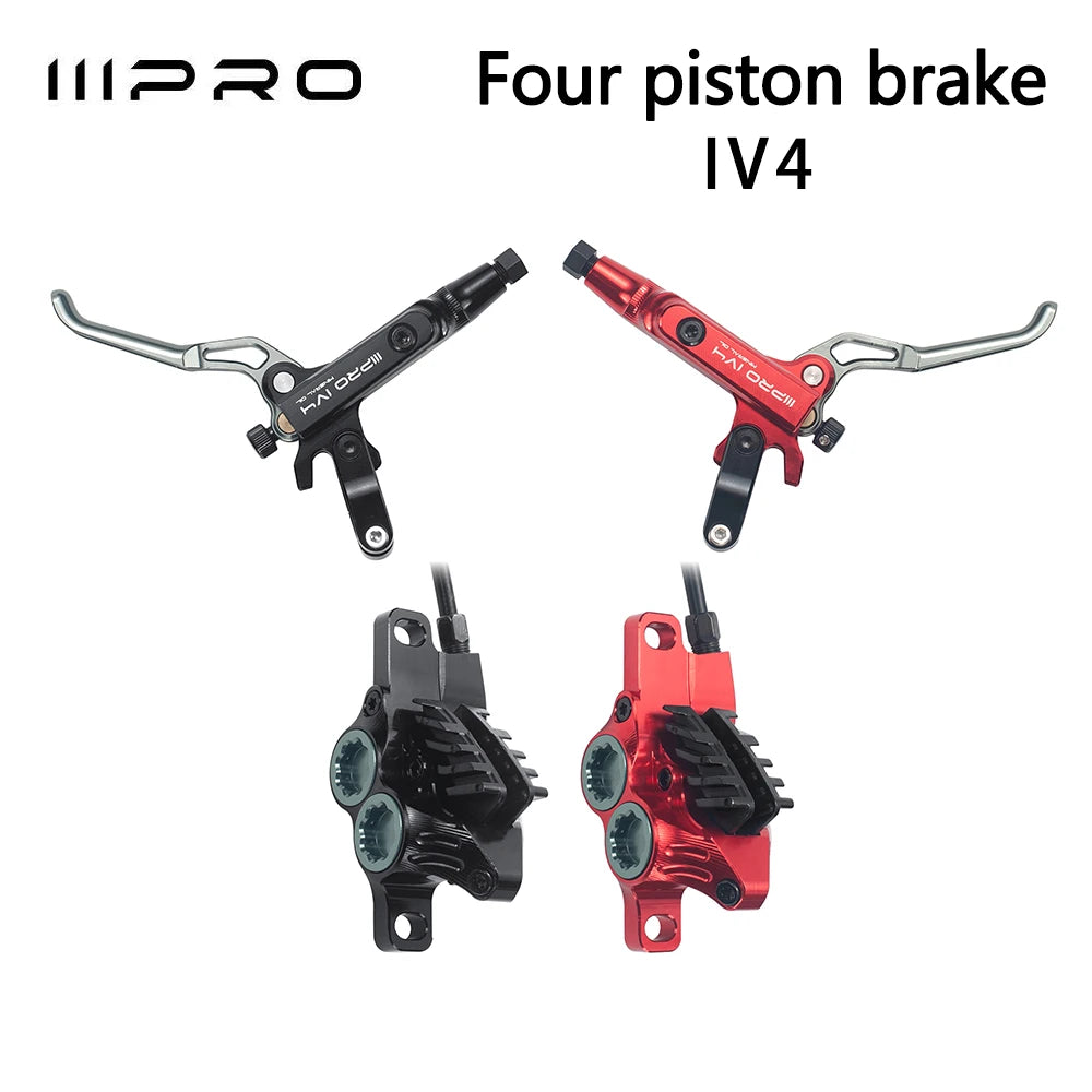 IIIPRO IV4 Hydraulic Disc Brake Set - 4-Piston Front & Rear w/ 800mm/1550mm Hoses - Heat Dissipation Tech for MTB E-Bike Enduro