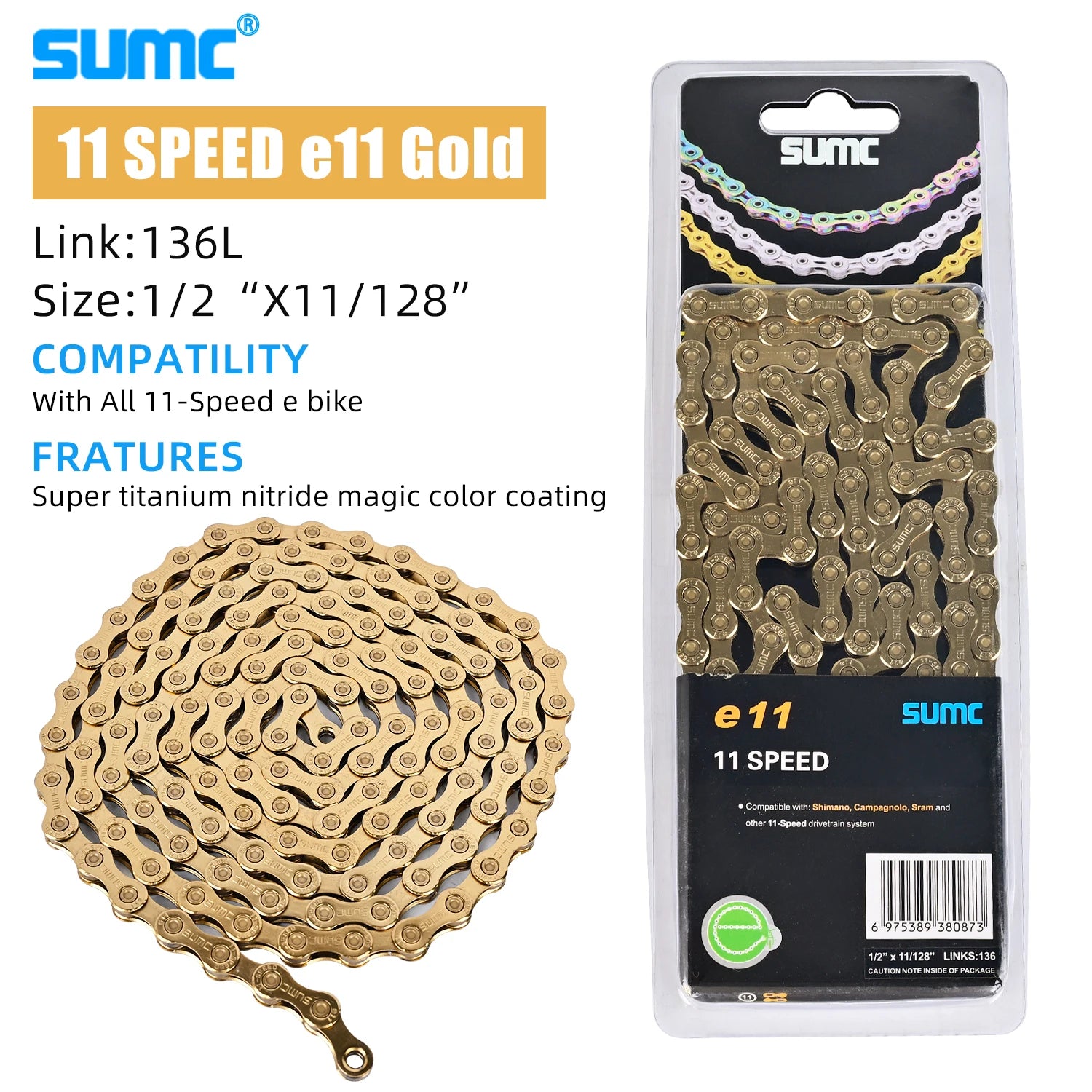 SUMC Bicycle Chain 8/9/10/11/12 Speed 126/136 Links Anti-Rust Coating MTB Road Bike Chain E8 E9 E10 E11 E12
