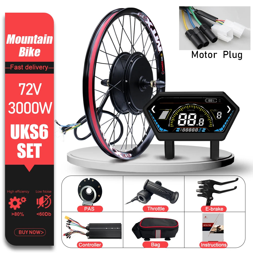 72V 3000W MTX39 E-Bike Conversion Kit Brushelss Gearless Rear Wheel Hub Motor For Electric Bicycle Conversion Kit 26-29inch 700C